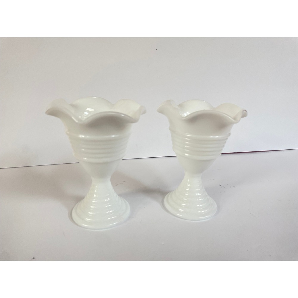 Vintage Milk Glass Bud Vases Ruffled Rim Ribbed Pedestal Ice Cream Dessert Dish